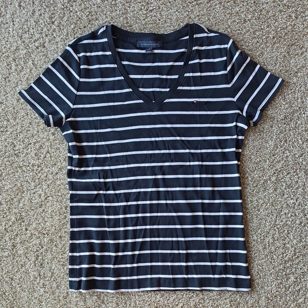 Tommy Hilfiger Women's T Shirt V Neck Short Sleeve - Striped Blue White - Size L